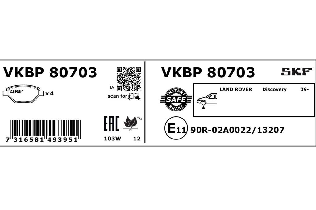 Jeu de 4 plaquettes de frein SKF ref. VKBP 80703